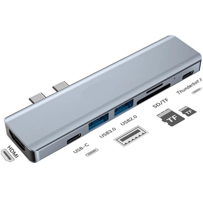 NÖRDIC 2 til 7 USB-C-dockingstation til MacBook Pro og Air 1xHDMI 4K30Hz 1xUSB-A 3.1 1xUSB-A 2.0 1xUSB-C 3.1 1xUSB-C 100W PD 1x SD/TF-kortlæser