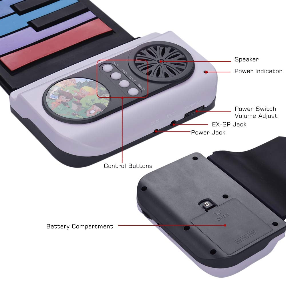 NÖRDIC 37-Key Portable Roll-Up Piano Silicon Electronic Keyboard Colorful Keys Built-in Speaker