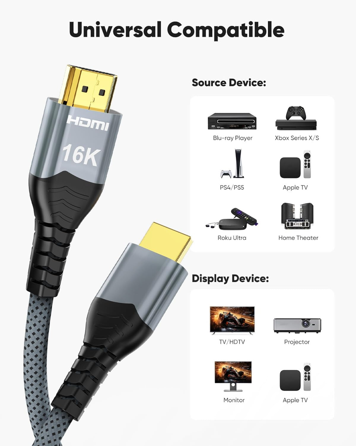 NÖRDIC 3m HDMI 2.2 kabel 96 Gbps, understøtter 16K 60Hz, 8K 240Hz, 4K 480Hz, HDCP 2.2 & 2.3, DTS:X, Dynamic HDR10+ og eARC