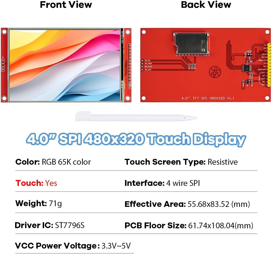 NÖRDIC 4,0" Touch Display Shield-modul, 480x320 TFT LCD-panel, SPI-seriel ST7796S med touch-pen, kompatibel med Arduino