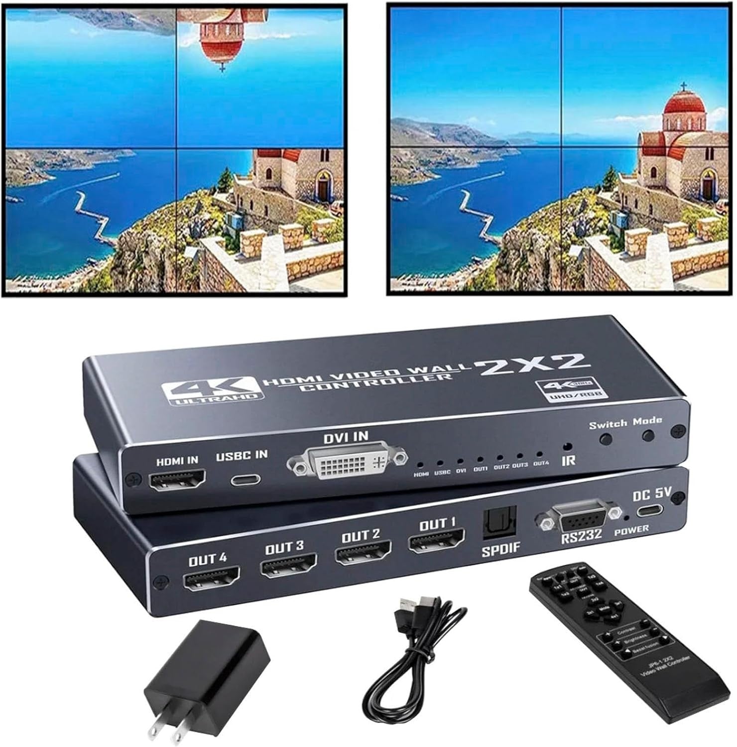 NÖRDIC 4K 2x2 HDMI/DVI/USB-C Video Wall Controller 4-Channel TV Wall Processor Support 1HDMI/DVI/Type-C USB In 4HDMI＋1SPDIF Audio