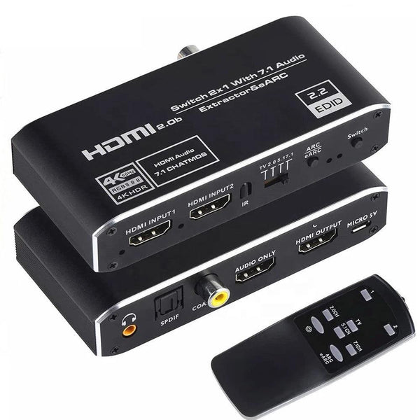 NÖRDIC 4K 60Hz HDMI-switch 2 til 1 med lydudtræk Toslink HDR HDCP2:3 ARC/eARC 7.1-lyd