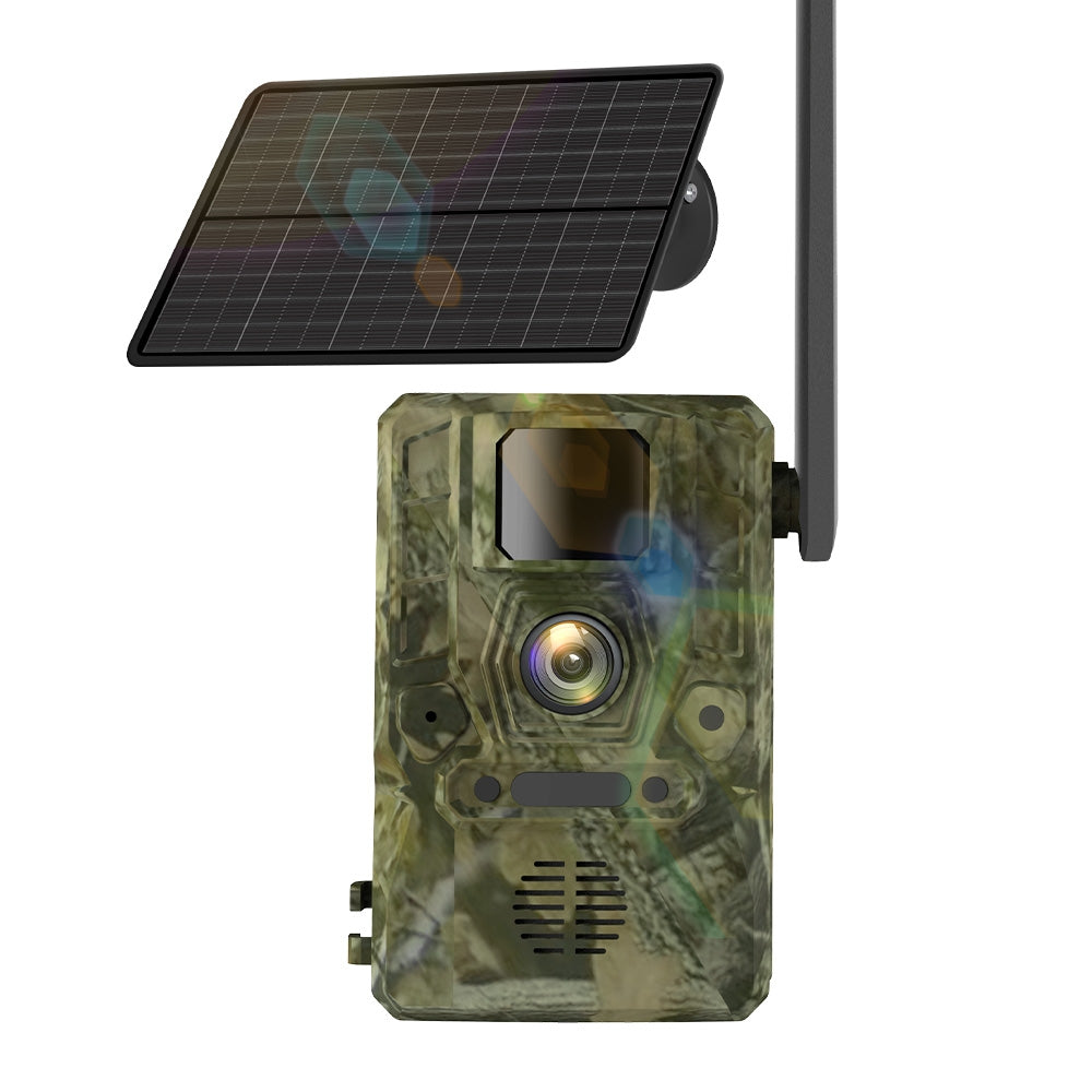 NÖRDIC 4G vildtkamera med 4W solpanel, 3MP FHD, camouflage, LTE 4G SIM-kort og IP66 vandbeskyttelse