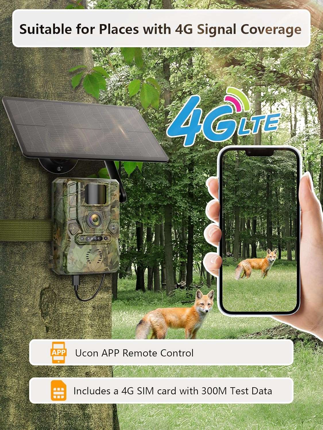 NÖRDIC 4G vildtkamera med 4W solpanel, 3MP FHD, camouflage, LTE 4G SIM-kort og IP66 vandbeskyttelse