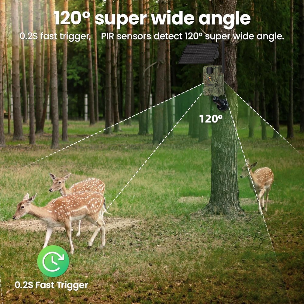 NÖRDIC 4G vildtkamera med 4W solpanel, 3MP FHD, camouflage, LTE 4G SIM-kort og IP66 vandbeskyttelse