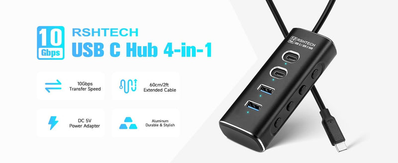 NÖRDIC 4-port Powered USB-C Hub 10Gbps with 2 USB-A & 2 USB-C Data Ports