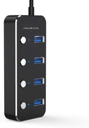 NÖRDIC 4-ports hub USB 3.0 5Gbps med individuel switch 25 cm kabel aluminium sort