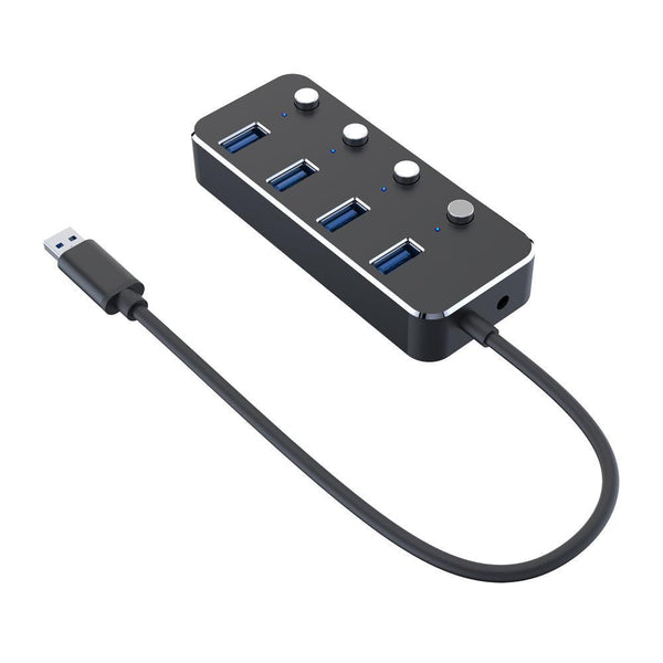 NÖRDIC 4-ports hub USB 3.0 5Gbps med individuel switch 25 cm kabel aluminium sort