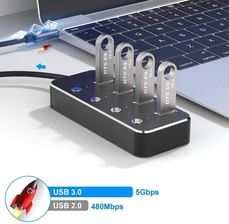 NÖRDIC 4-ports hub USB-C 3.0 5Gbps med individuel switch 25 cm kabel sort aluminium