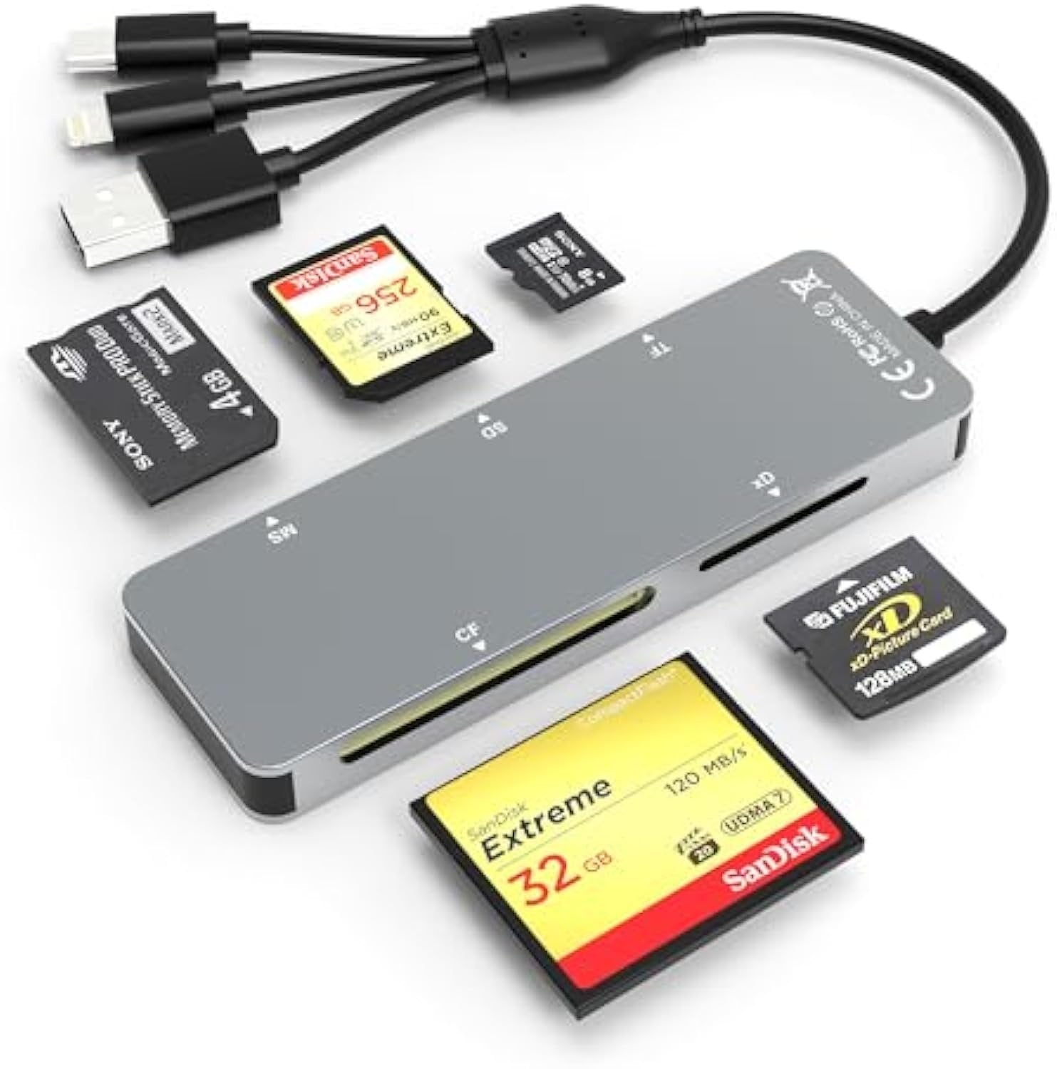 NÖRDIC USB-A, USB-C, Lightning-kortlæser 5-slot CF, SD, MicroSD, MS, XD UHS-I