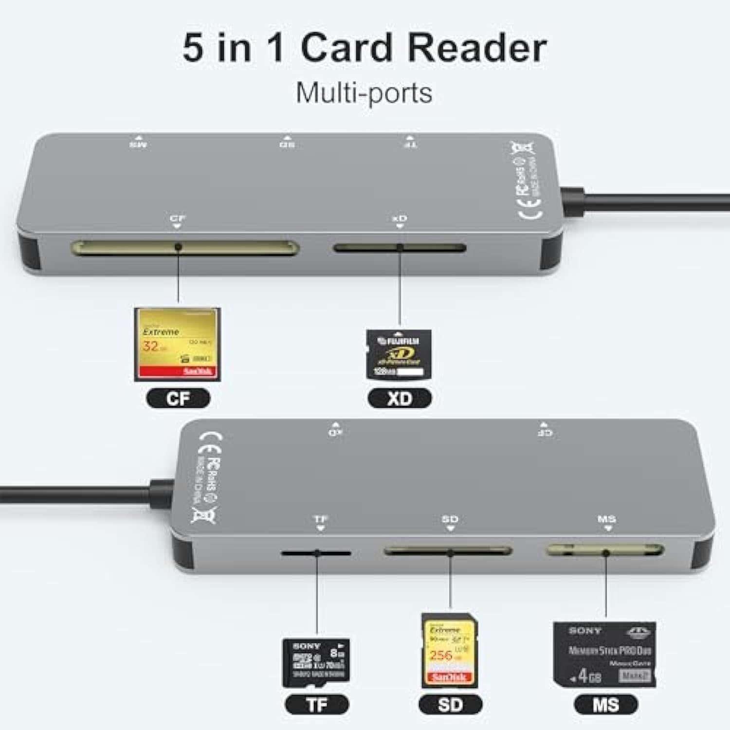 NÖRDIC USB-A, USB-C, Lightning-kortlæser 5-slot CF, SD, MicroSD, MS, XD UHS-I