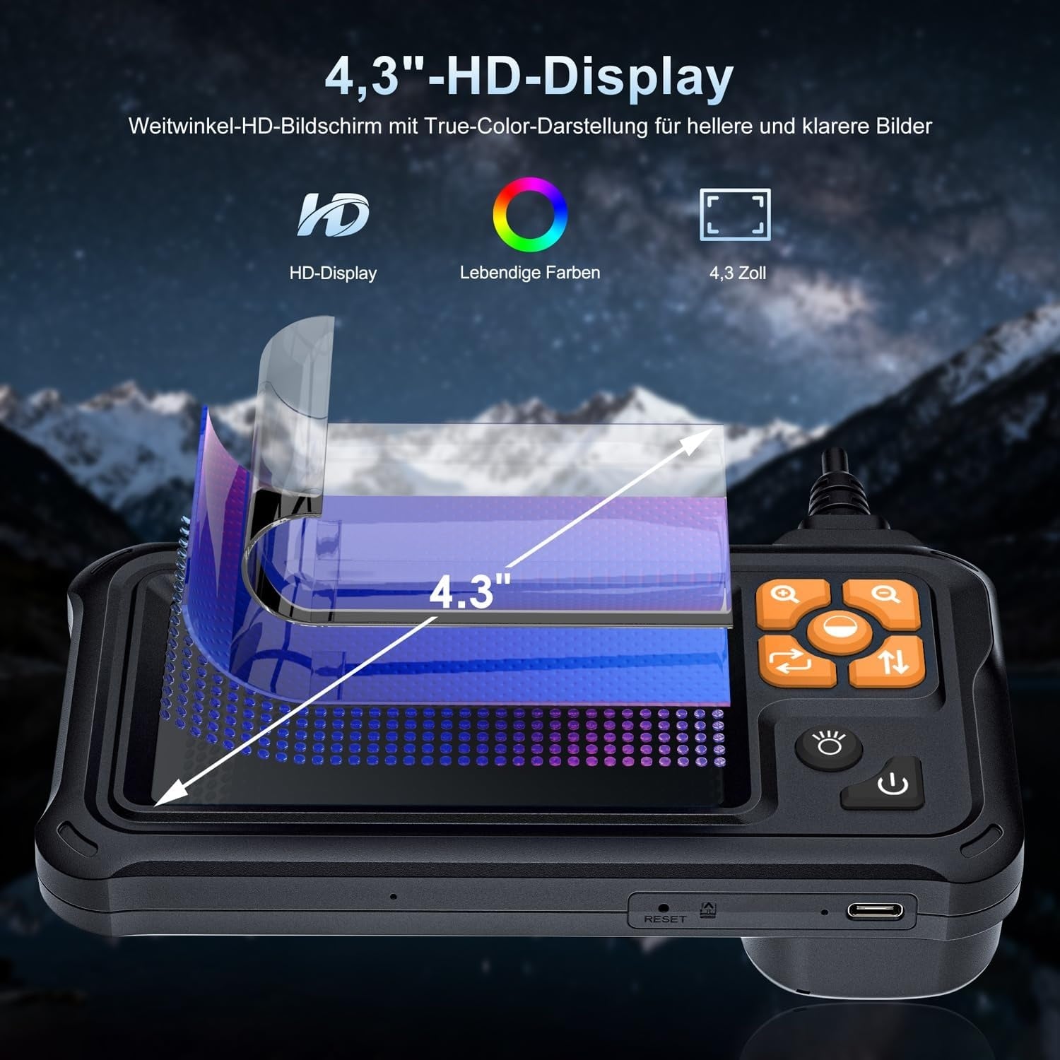 NÖRDIC 5m 1920x1080p HD-Endoskopkamera med dobbelt linse, 4,3" IPS-skærm, IP67-vandtæt inspektionskamera med 8 LED-lys, halvstiv kabel, Plug & Play