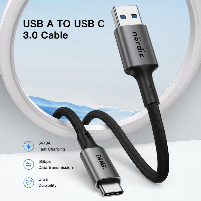 NÖRDIC 5m USB3.2 Gen1 USB-C til A nylonflettet kabel hurtig opladning 3A 5Gbps Strømforsyning PD 60W grå