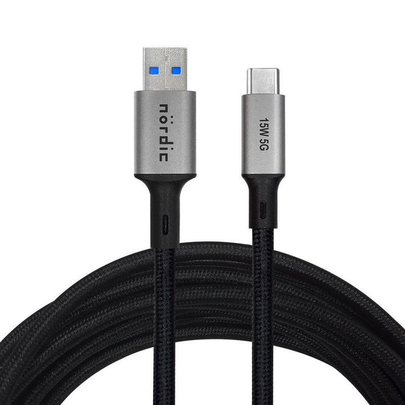 NÖRDIC 5m USB3.2 Gen1 USB-C til A nylonflettet kabel hurtig opladning 3A 5Gbps Strømforsyning PD 60W grå