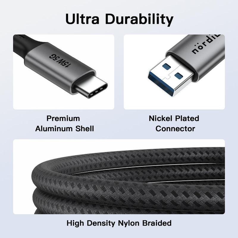 NÖRDIC 5m USB3.2 Gen1 USB-C til A nylonflettet kabel hurtig opladning 3A 5Gbps Strømforsyning PD 60W grå