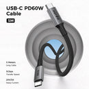 NÖRDIC 5m USB3.2 Gen1 USB-C til C nylonflettet kabel hurtig opladning 3A 5Gbps Strømforsyning PD 60W