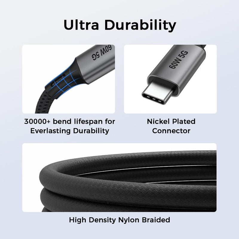 NÖRDIC 5m USB3.2 Gen1 USB-C til C nylonflettet kabel hurtig opladning 3A 5Gbps Strømforsyning PD 60W