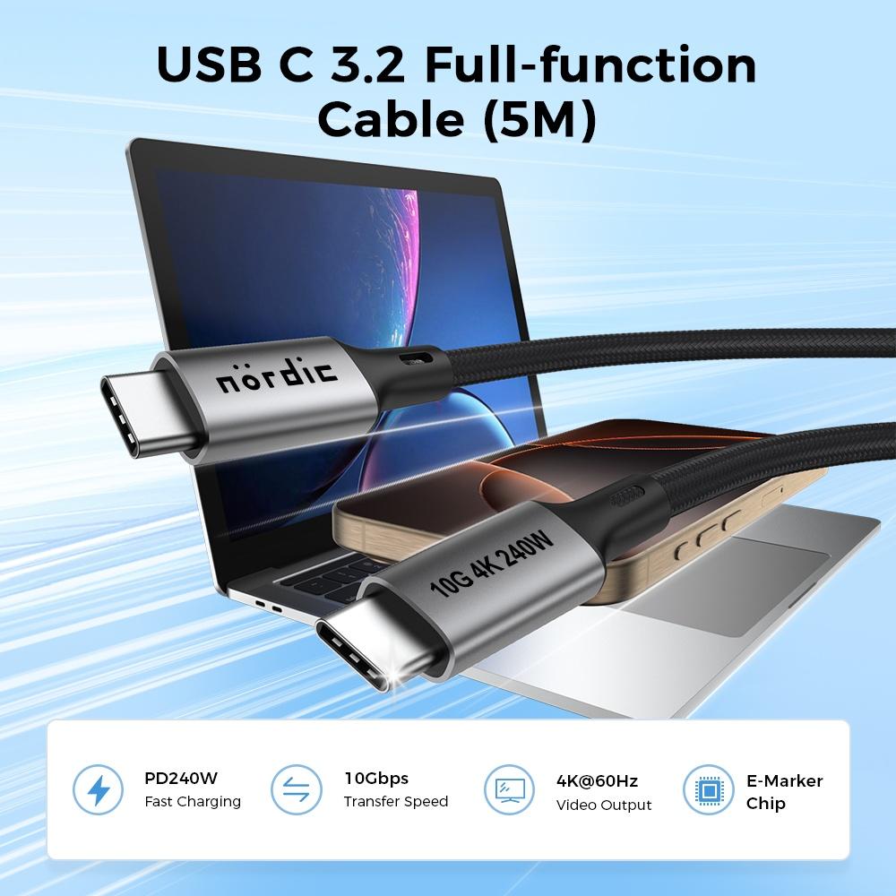 NÖRDIC 5m USB 3.2 Gen 2 USB-C til C nylon flettet kabel PD3.1 240W 20G 4K60Hz grå