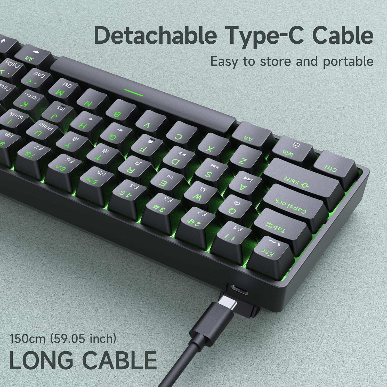 NÖRDIC 60% Kablet mekanisk gaming-tastatur med røde switches, LED-baggrundsbelysning, ultrakompakt 61 taster, US layout