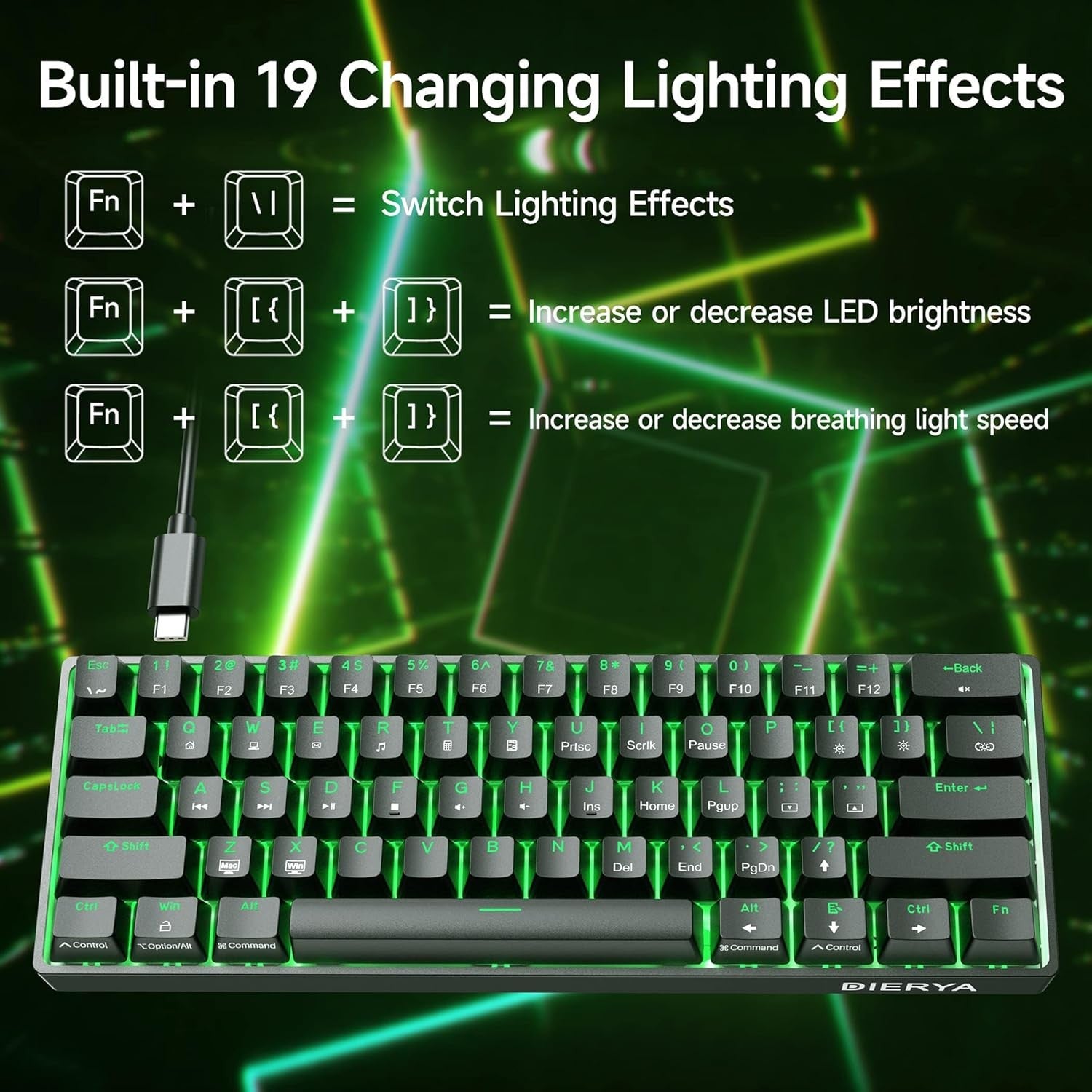 NÖRDIC 60% Kablet mekanisk gaming-tastatur med røde switches, LED-baggrundsbelysning, ultrakompakt 61 taster, US layout