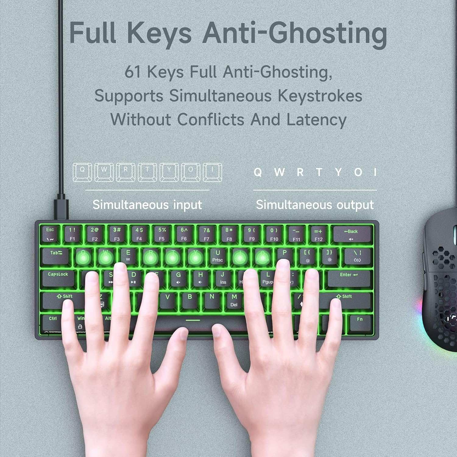 NÖRDIC 60% Kablet mekanisk gaming-tastatur med røde switches, LED-baggrundsbelysning, ultrakompakt 61 taster, US layout