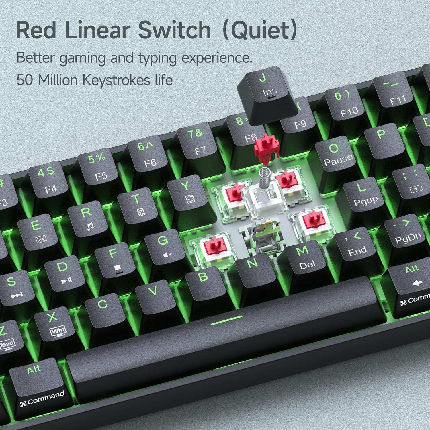 NÖRDIC 60% Kablet mekanisk gaming-tastatur med røde switches, LED-baggrundsbelysning, ultrakompakt 61 taster, US layout