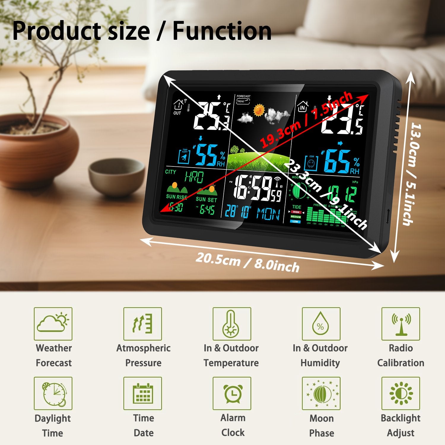 NÖRDIC 7,5" LCD Trådløs Vejrstation Hygrometer Termometer Månefaser Barometer RCC Radiokontrolleret Alarmur Soltid