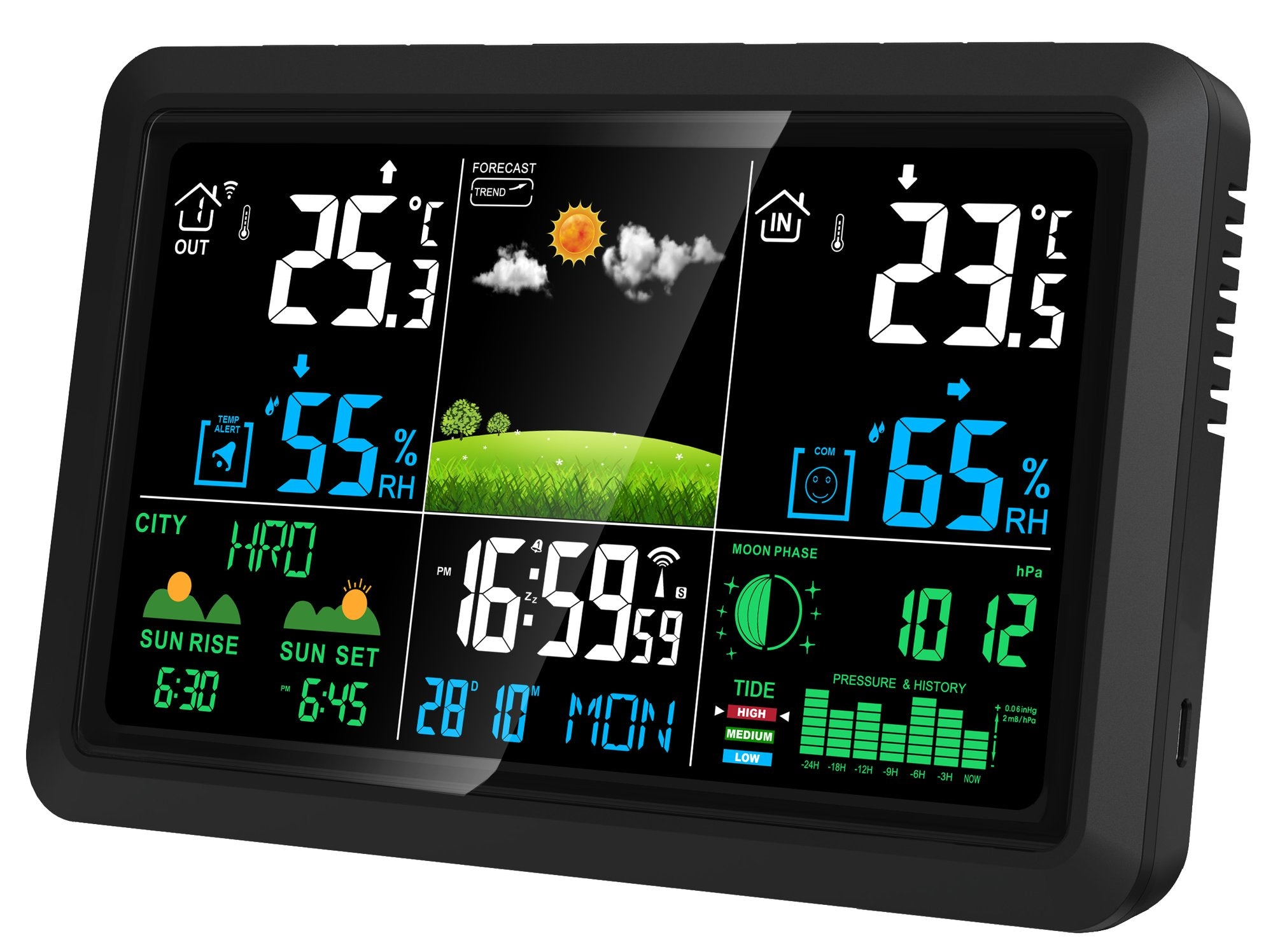 NÖRDIC 7,5" LCD Trådløs Vejrstation Hygrometer Termometer Månefaser Barometer RCC Radiokontrolleret Alarmur Soltid