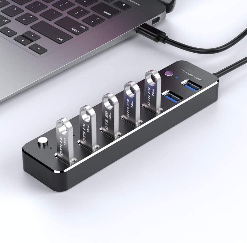 NÖRDIC 7-ports hub USB-C 3.0 5Gbps med individuel switch 25 cm kabel sort aluminium