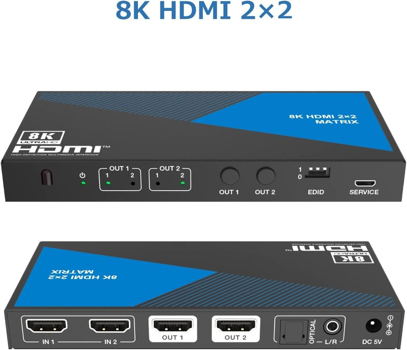 NÖRDIC 8K HDMI 2.1 Matrix switch 2x2 med lydudtrækker Toslink & Stereo EDID CEC, Dolby Atmos, Digital Plus, DTS-EX