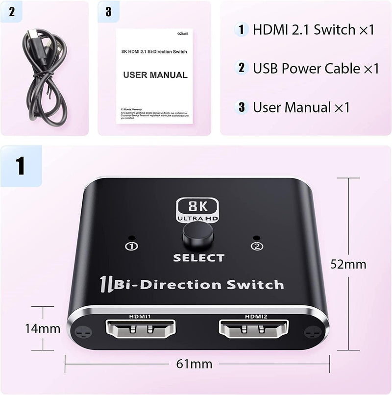 NÖRDIC 8K60Hz HDMI Switch 2 til 1 og Splitter 1 til 2 4K120Hz 48Gbps