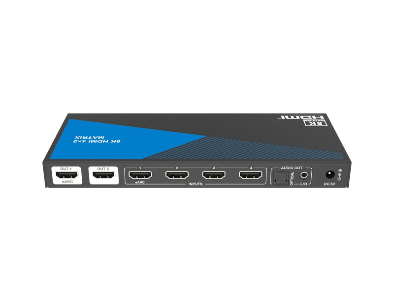 NÖRDIC 8K HDMI 2.1 eARC/ARC matrix switch 4x2 med udtrækker Toslink & Stereo, HDMI CEC, Dolby Atmos/Digital Plus, DTS Master