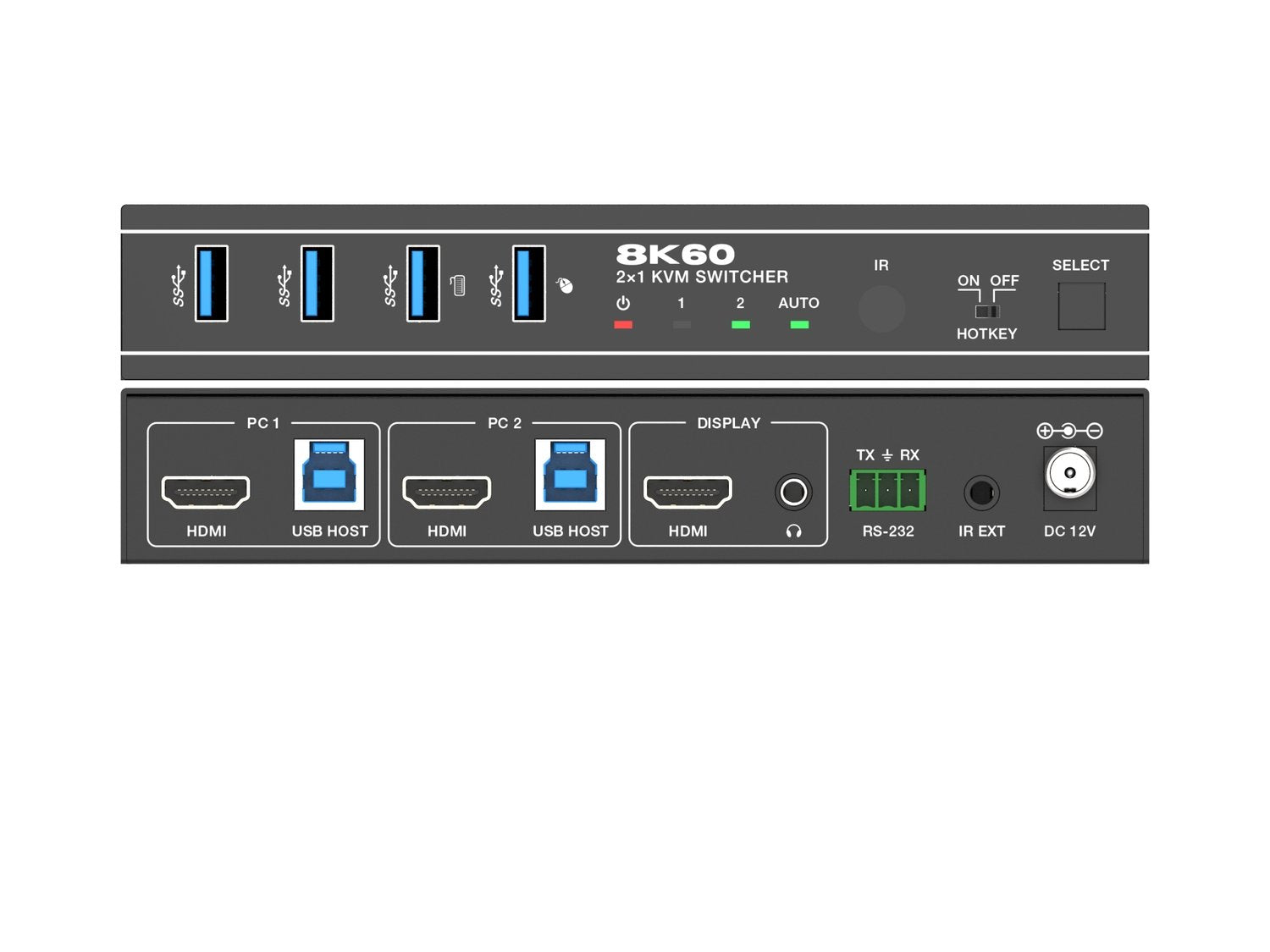 NÖRDIC 8K60Hz KVM-switch 2 til 1 understøtter UltraWide moitors 4xUSB-A