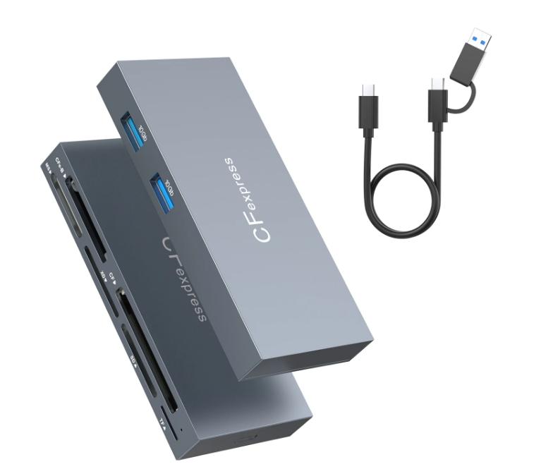 NÖRDIC USB-A 3.0, USB-C kortlæser 6 slot CFExpress B, CF, SD, MicroSD, MS, XD, 2xUSB-A UHS-I