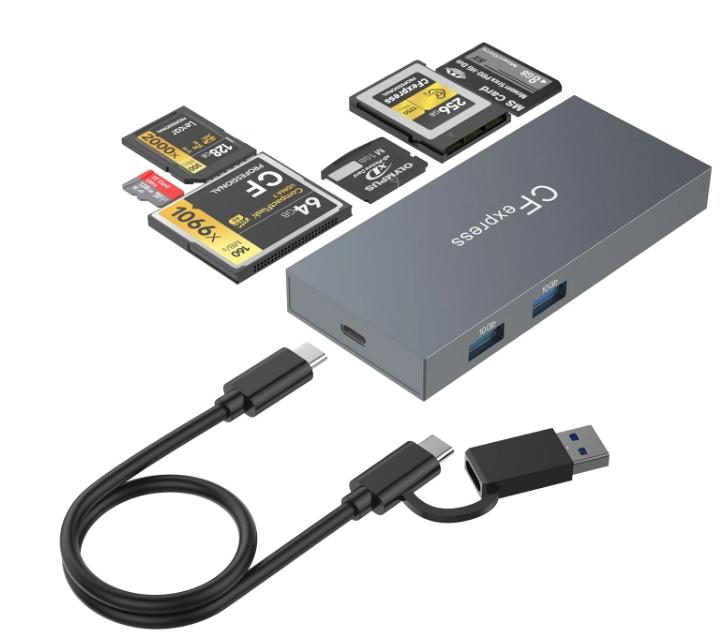 NÖRDIC USB-A 3.0, USB-C kortlæser 6 slot CFExpress B, CF, SD, MicroSD, MS, XD, 2xUSB-A UHS-I