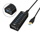 NÖRDIC 8-ports powered hub USB-A 3.0 5Gbps med switch 1.2m kabel aluminium sort med strømforsyning