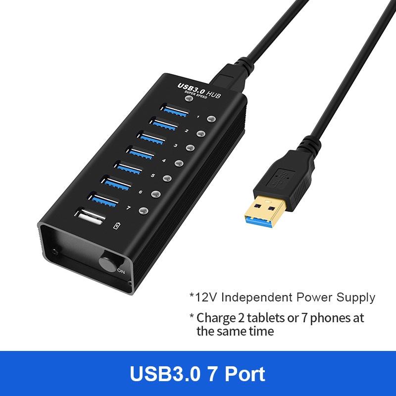 NÖRDIC 8-ports powered hub USB-A 3.0 5Gbps med switch 1.2m kabel aluminium sort med strømforsyning