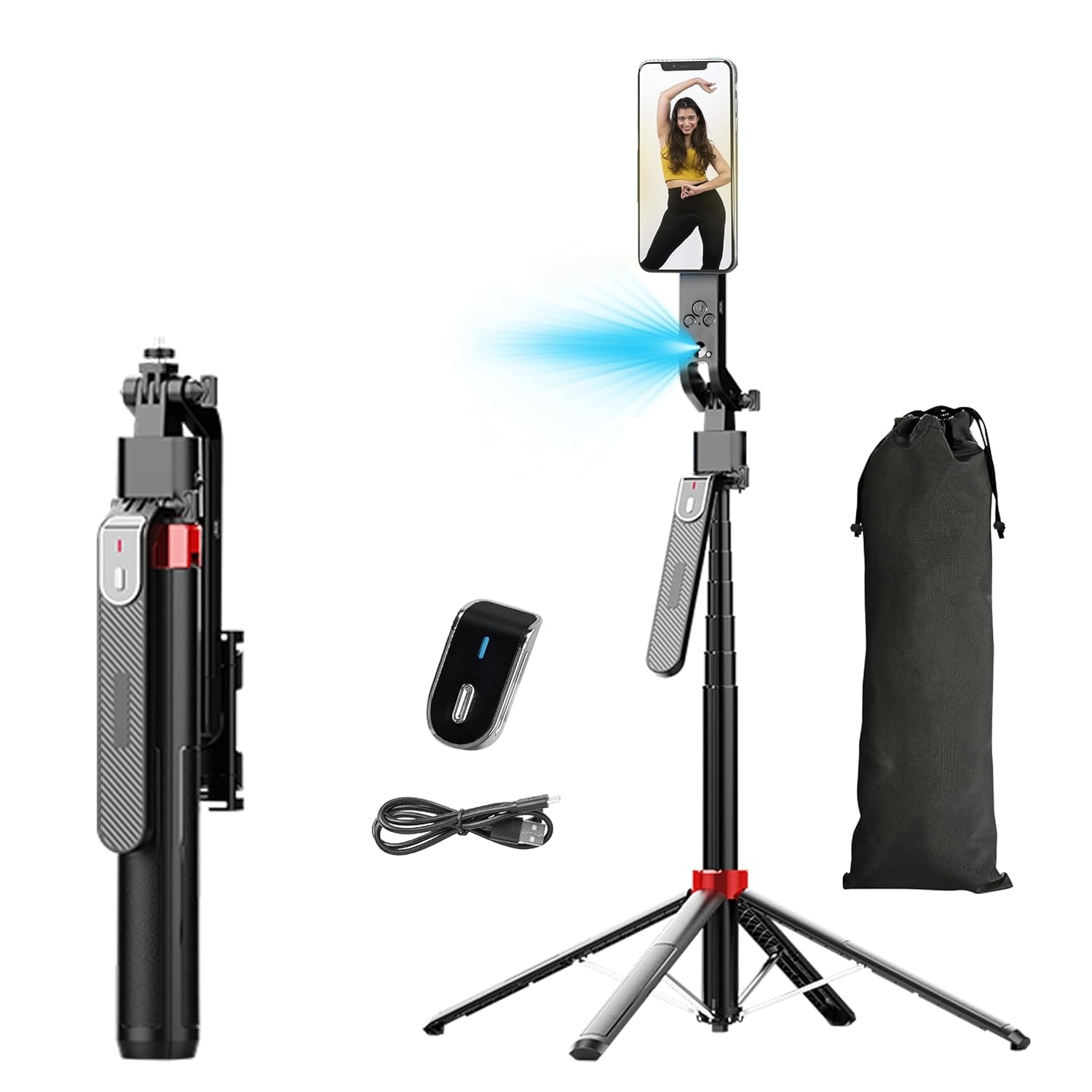 NÖRDIC AI Auto Face Tracking Selfie Stick – 360° rotation + 270° tilt, 4-i-1 telefonstativ, 180 cm stativ i aluminiumlegering med 4 ben