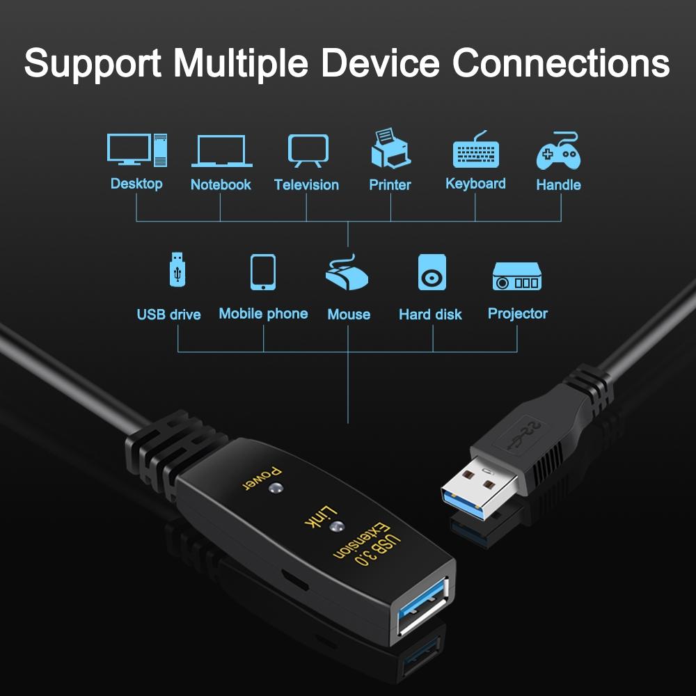 NÖRDIC Active 20m USB3.1 forlængerkabel 5Gbps USB A han til hun til Xbox, PS5, Oculus, printer, scanner, Playstation, VR USB forlængerkabel