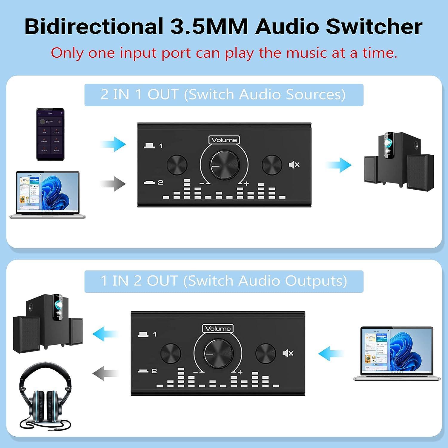 NÖRDIC Bi-Directional 3,5 mm jack-lydkontakt 2 in 1 out / 1 in 2 out analog lydløs stereolydkontakt med lydstyrkekontrol