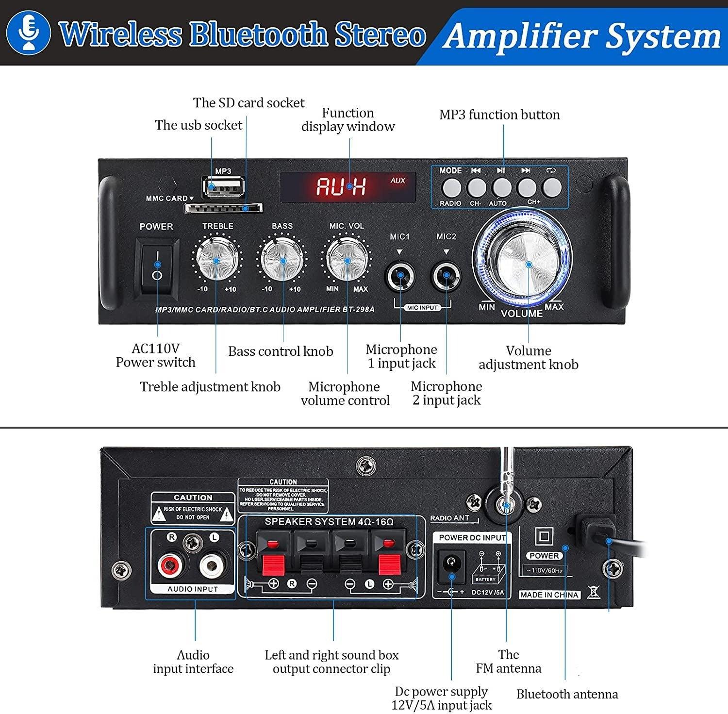 NÖRDIC Bluetooth 5.0 Stereoforstærker 2x40W AUX / USB / BT Lydforstærker med FM 2xMIC indgang