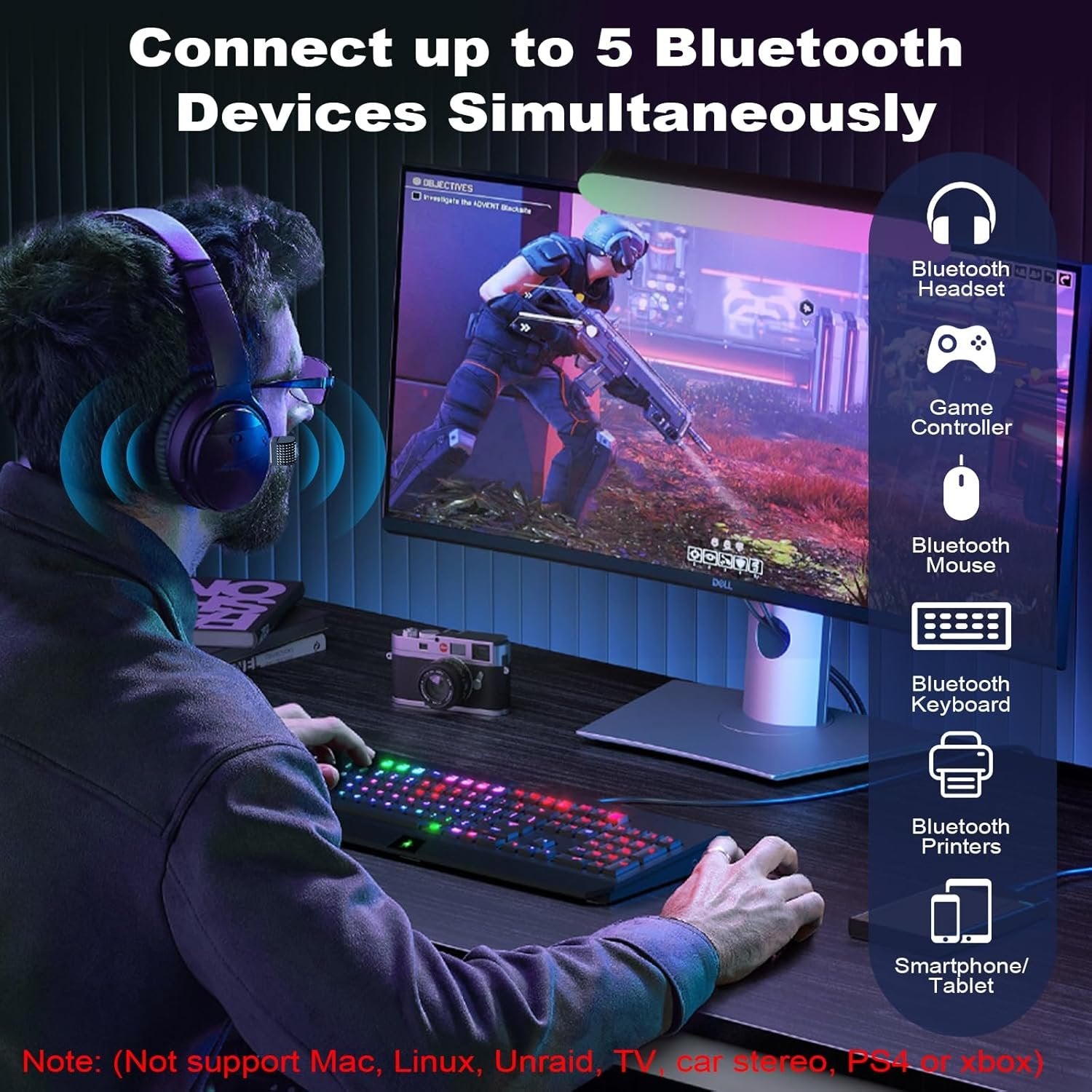 NÖRDIC Bluetooth 6.0 trådløs Bluetooth-dongle/modtager, Plug and Play, Windows 11/10/8.1, til controller, hovedtelefoner, tastatur, mus