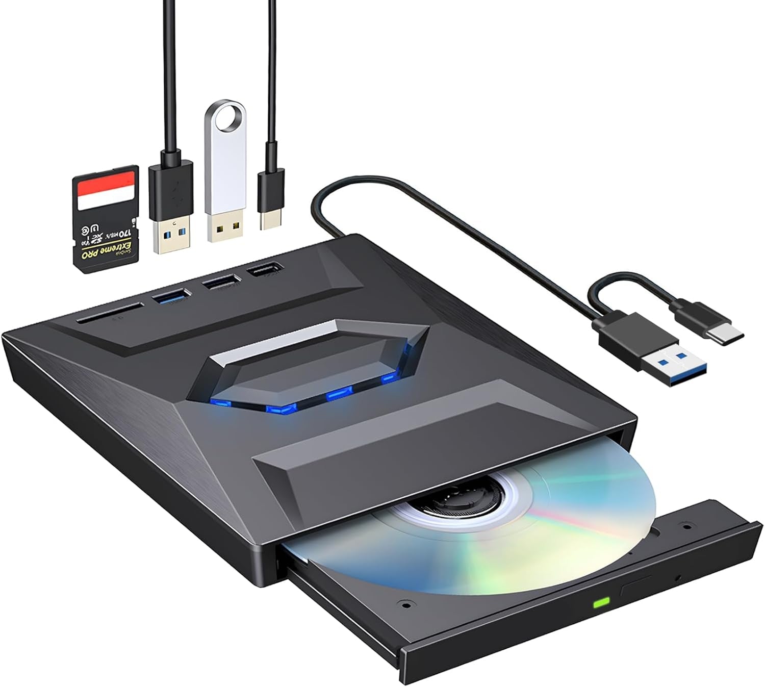 NÖRDIC Bærbar CD Brænder og afspiller samt USB-hub med SD-kortlæser 2xUSB-A 1xUSB-C
