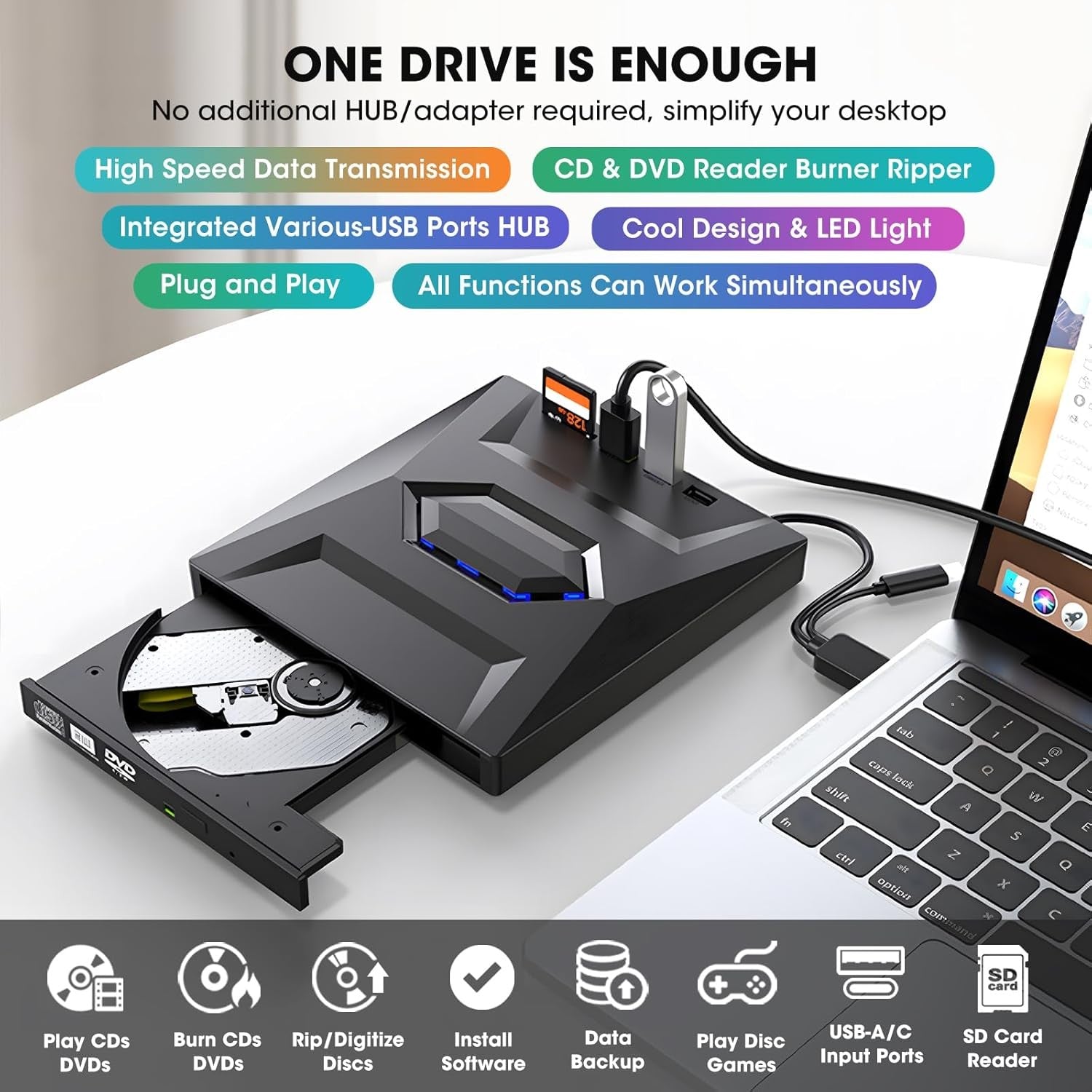 NÖRDIC Bærbar CD Brænder og afspiller samt USB-hub med SD-kortlæser 2xUSB-A 1xUSB-C