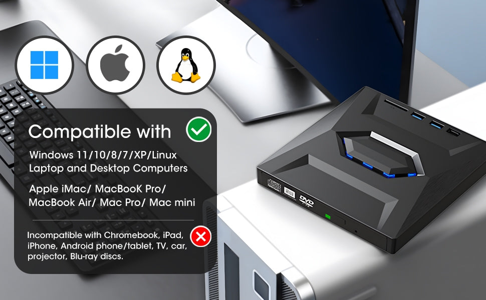 NÖRDIC Bærbar CD Brænder og afspiller samt USB-hub med SD-kortlæser 2xUSB-A 1xUSB-C