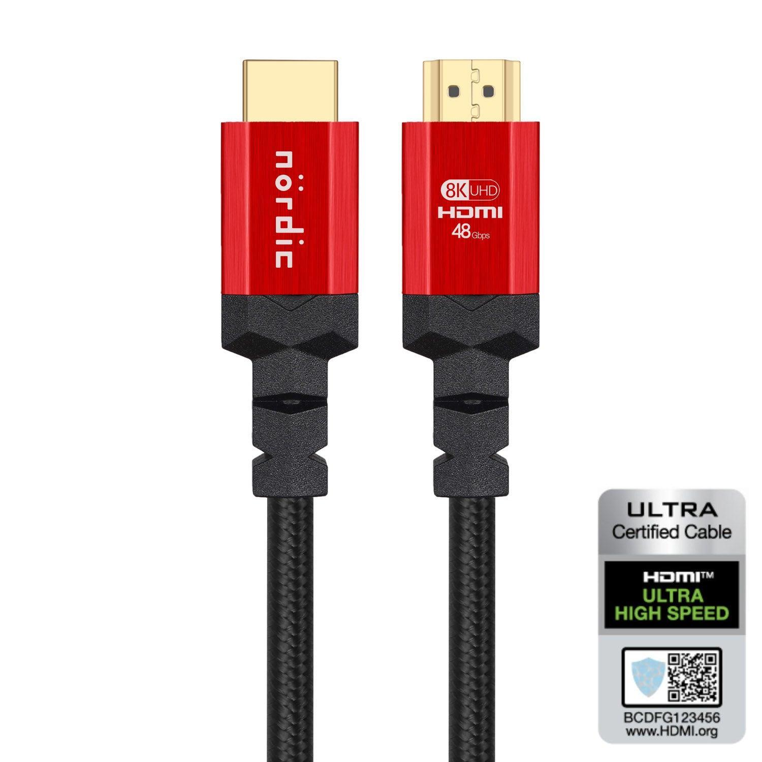 NÖRDIC CERTIFICEREDE KABLER 1m Ultra High Speed HDMI 2.1 4K 8K 60Hz 120Hz 48 Gbps Dynamic HDR eARC VRR nylon flettet kabel stik