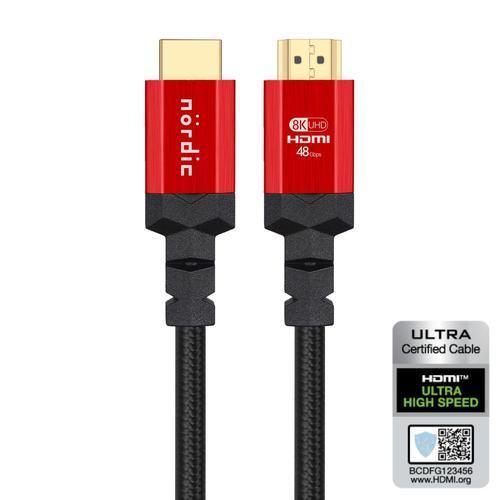 NÖRDIC CERTIFIED CABLES 1.5m HDMI 2.1 Ultra High Speed 8K 60Hz 4K 120Hz 48Gbps Dynamisk HDR Earc Game Mode VRS Dolby atmos nylon Flettet Forgyldt