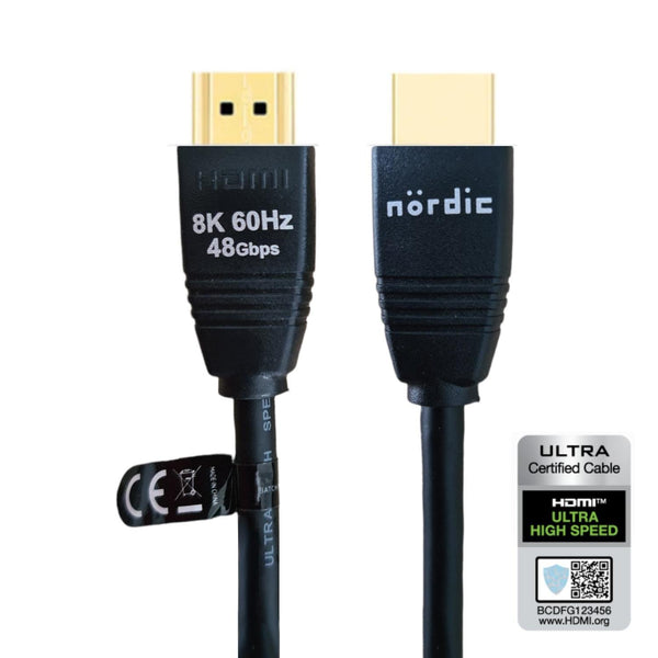 NÖRDIC CERTIFIED CABLES 1,5m Ultra High Speed HDMI2.1 8K 60Hz 4K 120Hz 144Hz 48Gbps Dynamic HDR eARC Game Mode VRR Dolby ATMOS guldbelagt PVC sort