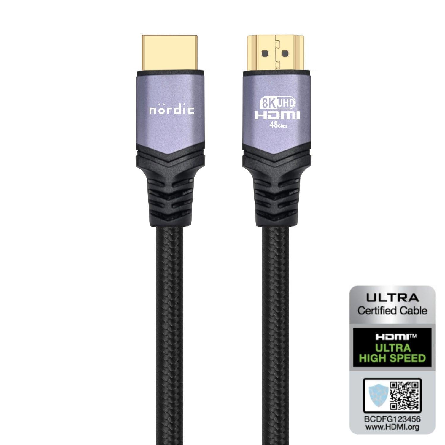 NÖRDIC CERTIFIED CABLES 1,5m Ultra High Speed HDMI 2.1 8K 60Hz 4K 120Hz 48Gbps Dynamic HDR eARC Game Mode VRR Dolby ATMOS Nylonflettet guldbelagt