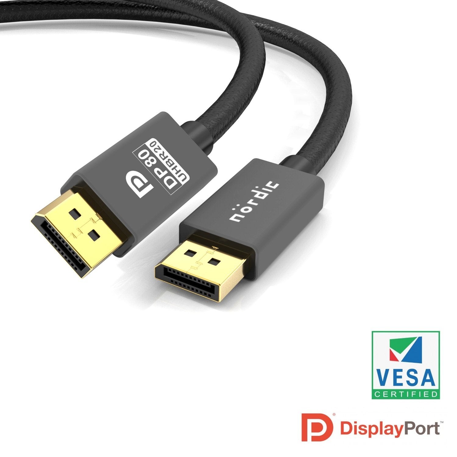 NÖRDIC 50 cm VESA-certificeret nylon flettet Displayport 2.1 UHBR20-kabel 80 Gbps 4K240Hz DSC1.2a HDR HDCP2.2 G-Sync